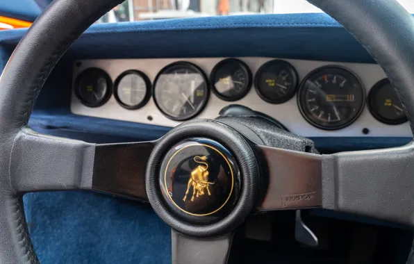 Картинка Lamborghini, Countach, steering wheel, badge, Lamborghini Countach LP400