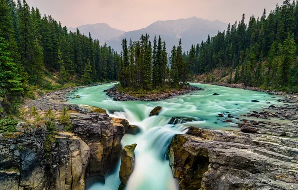 Лес, горы, камни, скалы, водопад