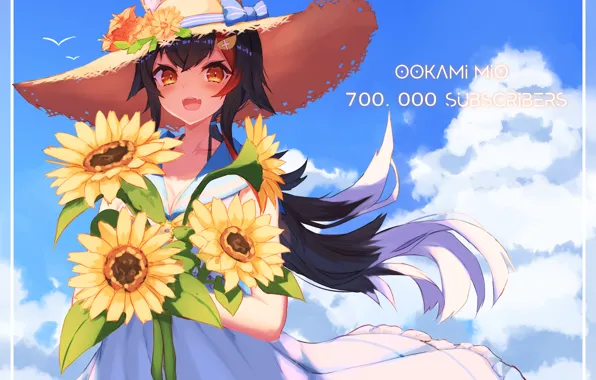 Лето, девушка, подсолнухи, Hololive, виртуальный ютубер, Mio Ookami, Holo no Graffiti