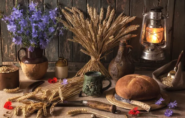 Картинка пшеница, зерно, хлеб, нож, кружка, фонарь, кувшин, натюрморт