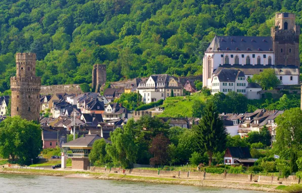 Город, река, замок, Германия, Oberwesel