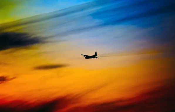 Картинка небо, самолет, силуэт, зарево