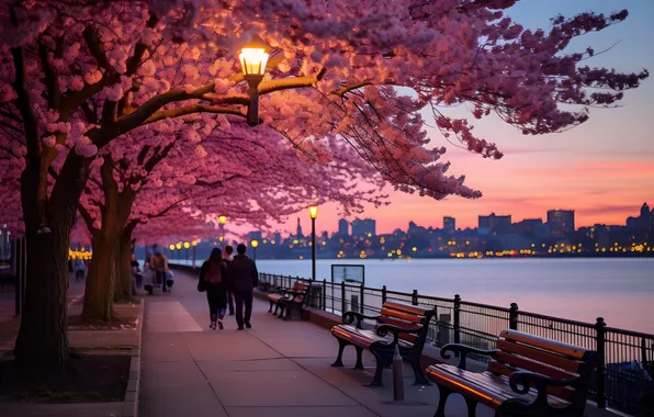 Скамейка, парк, весна, аллея, цветение, набережная, sunset, pink