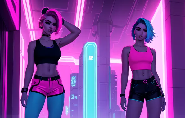 Картинка shorts, neon, women, tank top, blue hair, bare midriff, AI art
