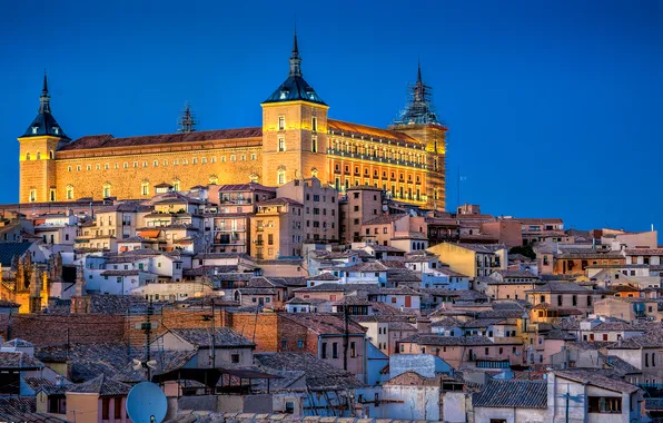 Замок, башня, дома, склон, холм, испания, Toledo, Alcazar
