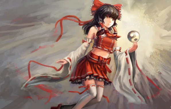 Картинка взгляд, девушка, шар, touhou, art, ленточки, hakurei reimu