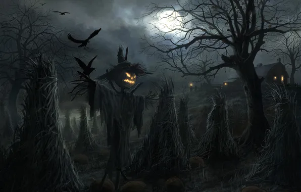Картинка поле, ночь, дом, луна, Хэллоуин, Scarecrow
