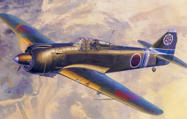 Картинка fighter, war, art, airplane, painting, aviation, ww2, Kawasaki Ki-100