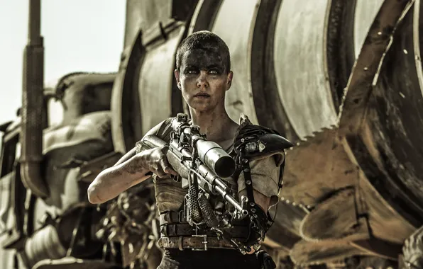 Картинка оружие, Charlize Theron, кадр, грузовик, снайпер, винтовка, Шарлиз Терон, Mad Max: Fury Road