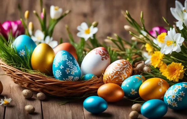 Картинка цветы, яйца, весна, colorful, Пасха, happy, flowers, spring