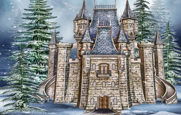 Картинка фото, Зима, Снег, Замок, Ель, Каменные, 3D Графика