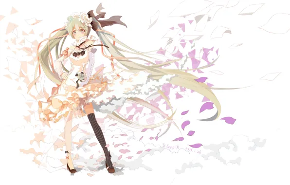 Картинка девушка, цветы, розы, лепестки, арт, vocaloid, hatsune miku, сердечко