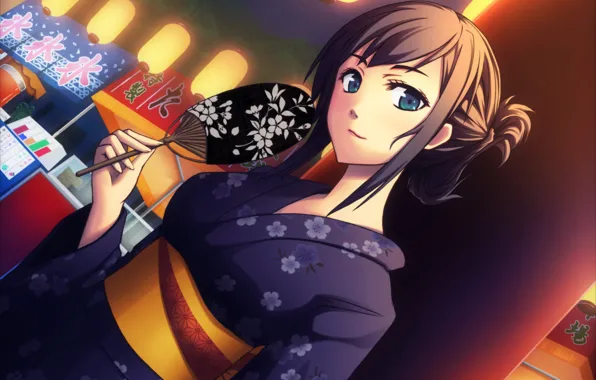 Картинка девушка, веер, арт, кимоно, yumemizuki