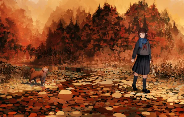 Картинка осень, листья, девушка, деревья, улыбка, собака, аниме, арт