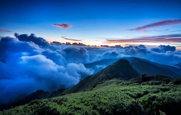 Небо, облака, деревья, закат, горы