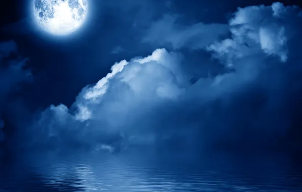 Картинка море, небо, облака, ночь, луна