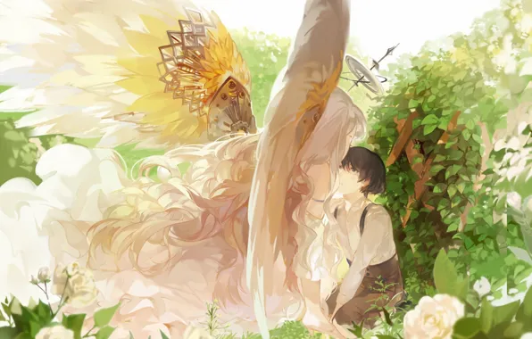 Картинка листья, девушка, цветы, розы, крылья, ангел, аниме, арт