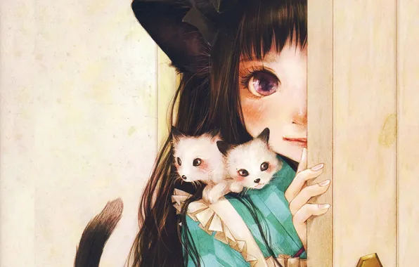 Картинка дверь, девочка, котята, ушки, art, neko girl, сиамские, Shiho Enta