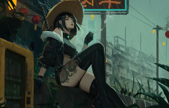 Dragon, art, Rain, digital art, artwork, rainy day, Samurai Girl, Japanese city
