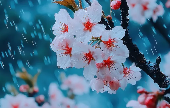 Капли, цветы, вишня, дождь, ветка, весна, белые, цветение