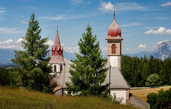 Картинка деревья, горы, Италия, церковь