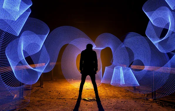 Lights, night, man, shadow, silhouette, led