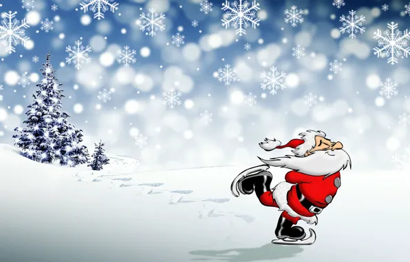 Картинка фото, Снежинки, Новый год, Борода, Дед Мороз, Коньки