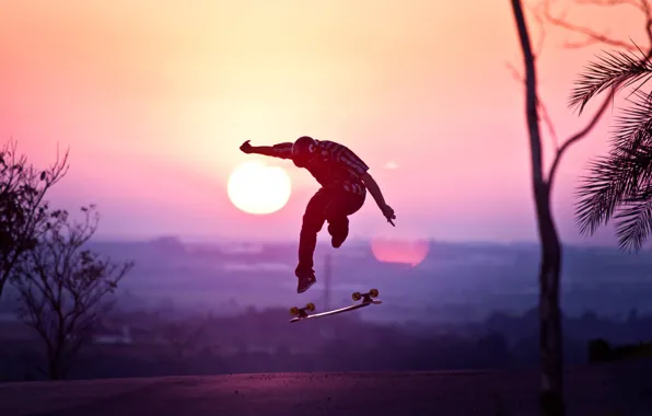 Солнце, закат, прыжок, шлем, Парень, скейтборд