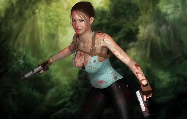 Девушка, кровь, пистолеты, джунгли, царапины, Tomb Raider, Lara Croft, фанарт