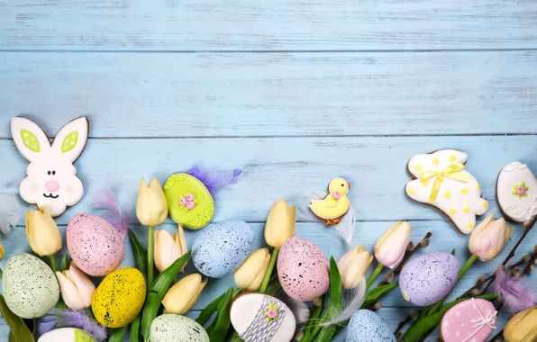 Картинка цветы, яйца, Пасха, happy, flowers, tulips, eggs, easter