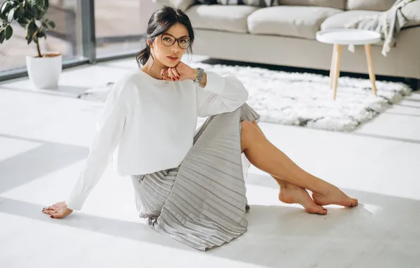 Woman, young, model, floor, attractive, sitting