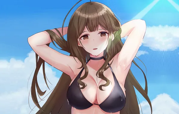 Girl, sexy, wet, cleavage, long hair, brown hair, brown eyes, boobs
