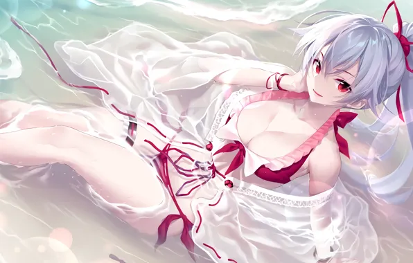 Girl, sexy, cleavage, beach, long hair, sea, boobs, anime