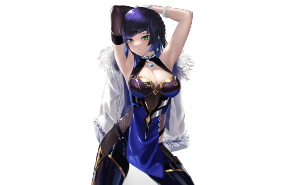 Hot, sexy, boobs, blue, anime, short hair, armpits, stretching