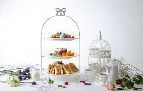 Цветы, чай, клетка, пирожное, бутерброд, десерт, ассорти, макарун