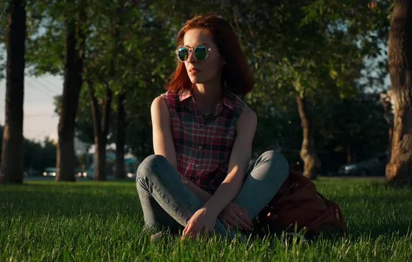 Трава, девушка, очки, girl