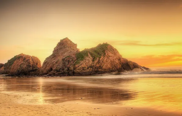 Картинка пляж, океан, скалы, рассвет, Калифорния, США