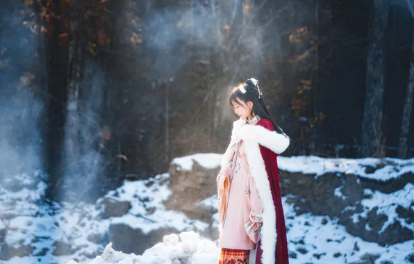 Beautiful, Asian, Model, Winter, Snow, Woman, Ice, Trees