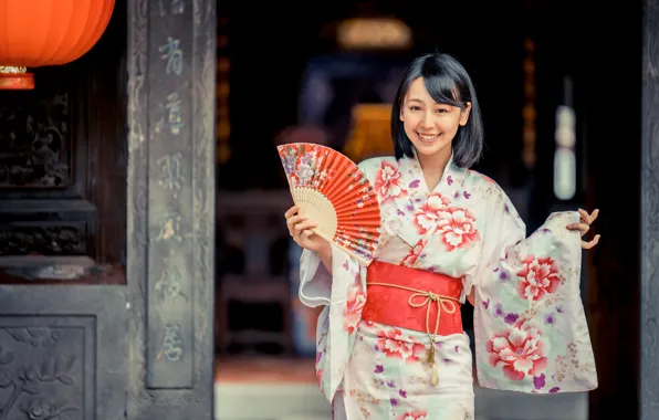 Девушка, улыбка, веер, кимоно, азиатка