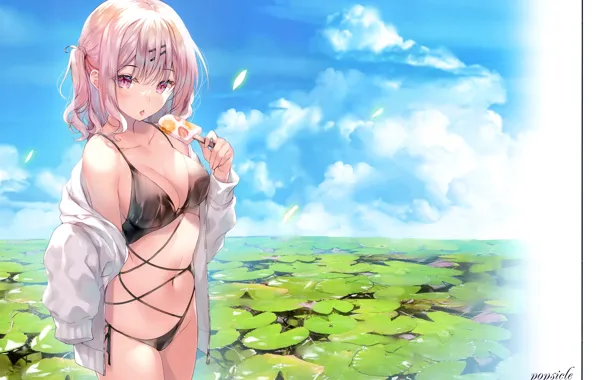 Pink hair, clouds, bikini, anime girls, open mouth, looking at viewer, hair ornament, pink eyes