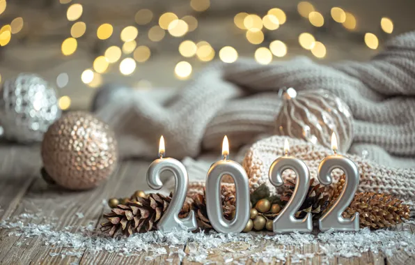 Картинка шарики, блики, свечи, Рождество, Новый год, шишки, 2022