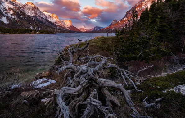 Облака, пейзаж, горы, природа, озеро, утро, Монтана, США