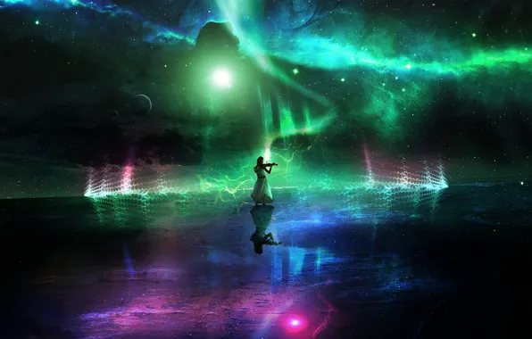 Lights, colorful, woman, stars, planets, galaxy, digital Art, nightsky