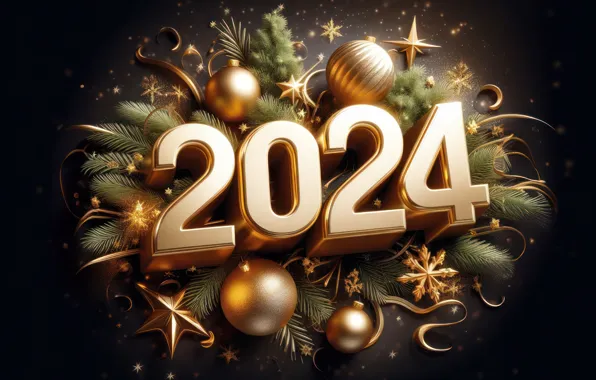 Картинка цифры, Новый год, golden, decoration, numbers, New year, 2024