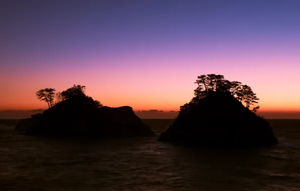 Картинка море, небо, деревья, закат, скалы, берег, вечер, Япония