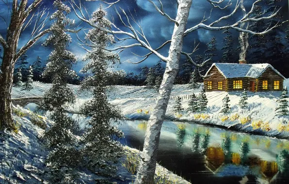 Картинка зима, небо, деревья, отражение, окна, домик, речка, живопись