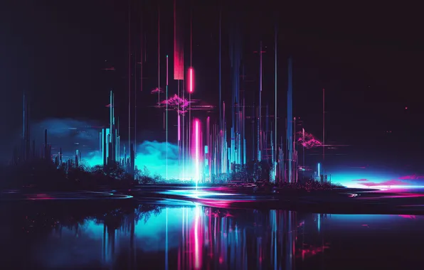 Картинка city, abstract, neon, illustration, AI art, glitch art