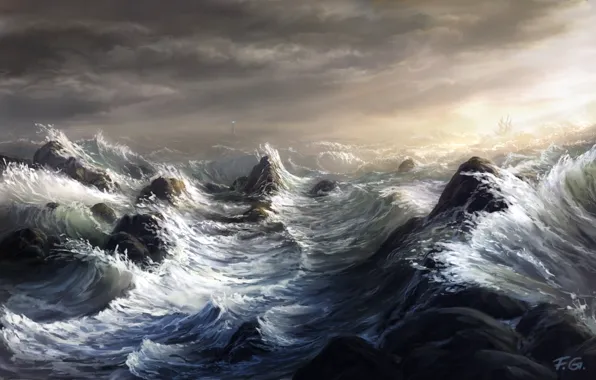 Картинка море, волны, шторм, скалы, маяк, корабль, парусник, арт