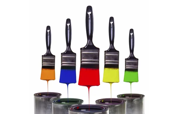 Белый фон, кисточки, white background, different colors, brushes, колористика, банки с краской, разный цвета