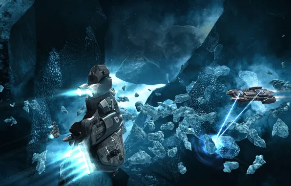 Туманность, астероиды, Космос, space, битва, космический корабль, eve online, battle